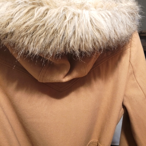 Espirit Luxury Wool-Blend Coat Faux Fur Trim Hood Camel Size Small - Picture 5 of 8